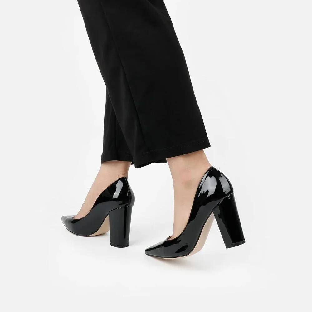Women Chunky Heels Faux Patent Leather 8 Stylish Pointed Toe Pumps - Picture 6 of 6